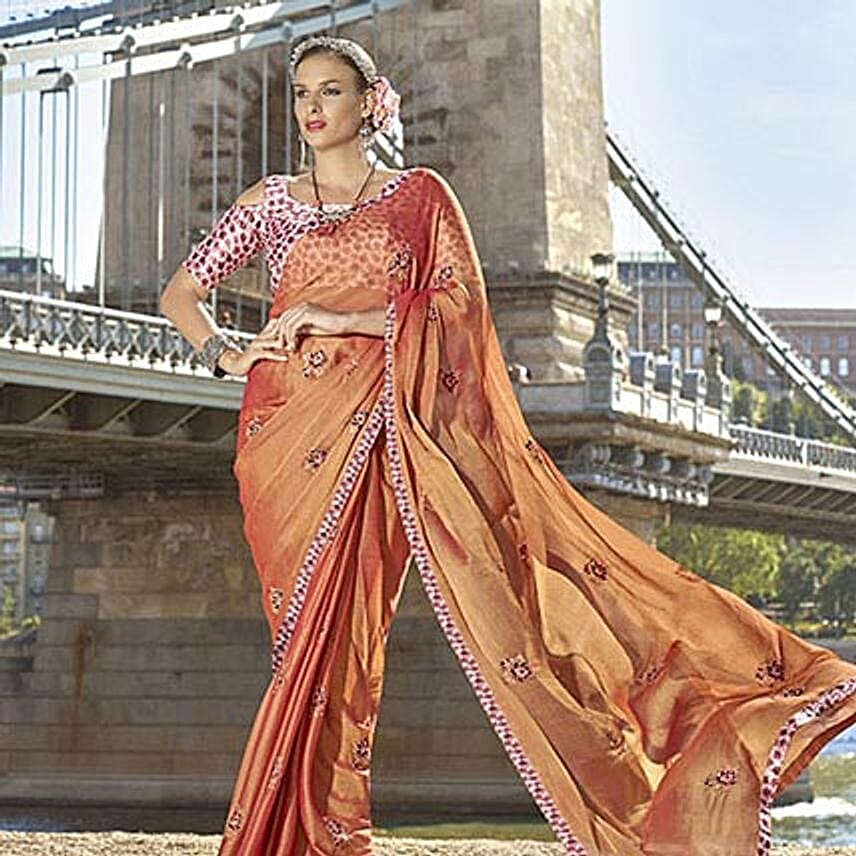 Buy Send Plush Peach Chiffon Traditional Embroidered Saree Online FNP