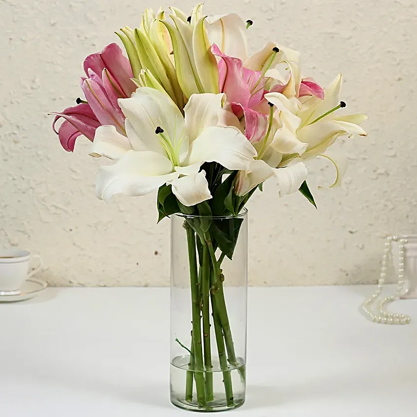 Pink & White Oriental Lilies in Glass Vase