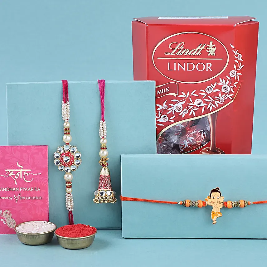 Sneh Meenakari Family Rakhi Set with Lindor Milk Chocolate