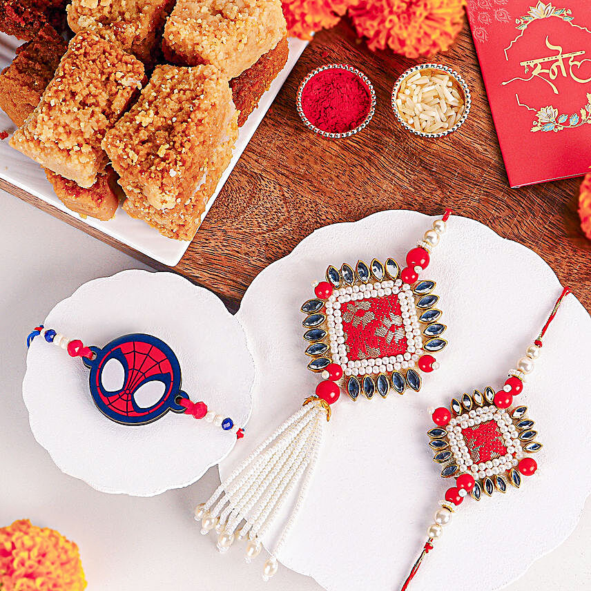 Bandhani Bhaiya-Bhabhi Rakhi Set & Kaju Katli Combo