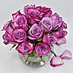 Purple Roses In Glass Bowl