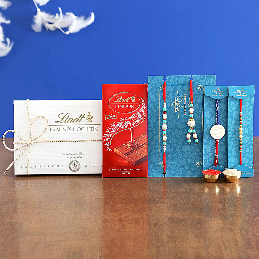 4 Striking Rakhis And Lindt Chocolate Hamper