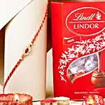 Red Gemstone Mauli Rakhi & Lindt Chocolate Combo