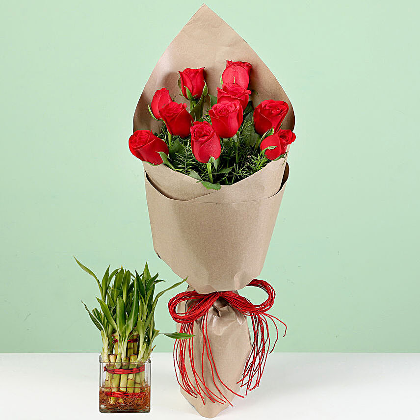 Buy/Send Bouquet Of Red Roses & Lucky Bamboo Combo Online- FNP