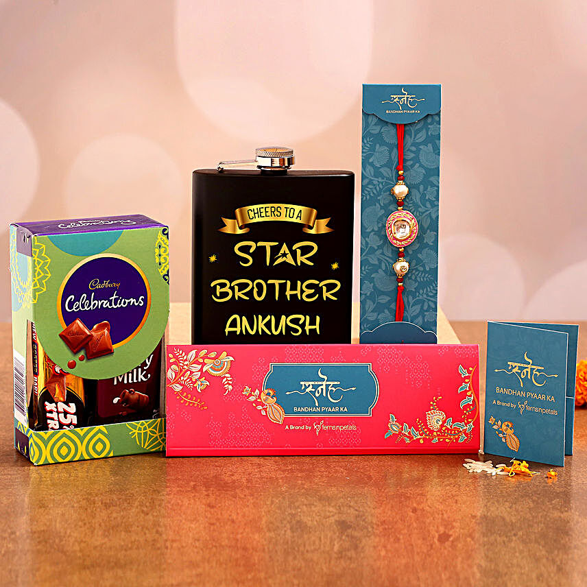 Kundan Rakhi With Chocolates & Personalised Flask