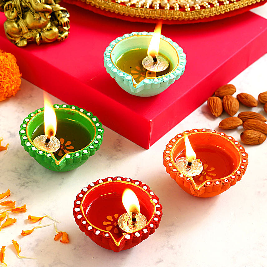 Happy Diwali Set Of 4 Colourful Diyas