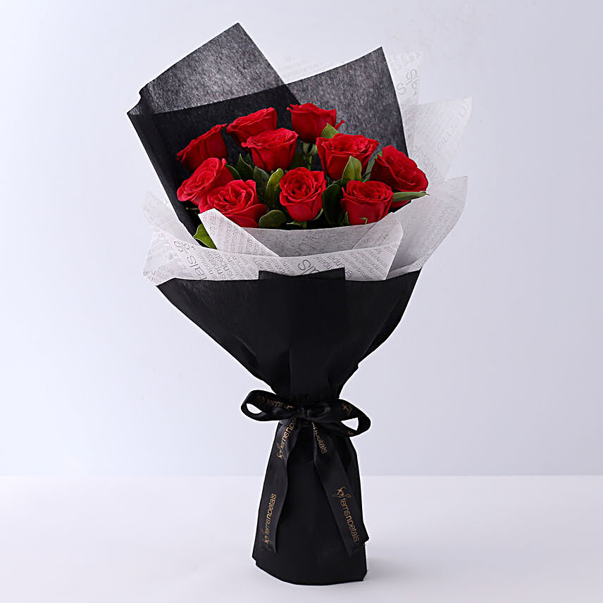 Premium long stem red roses bouquet black wrap