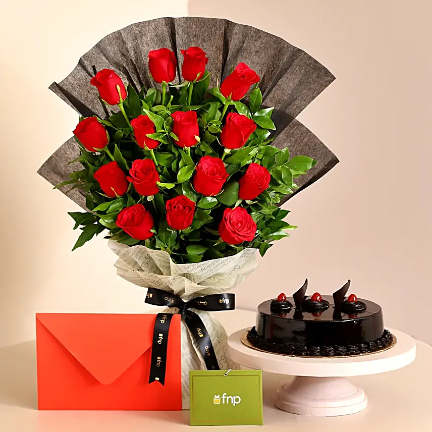 Touch of Luxury Red Roses Bouquet & Truffle Cake