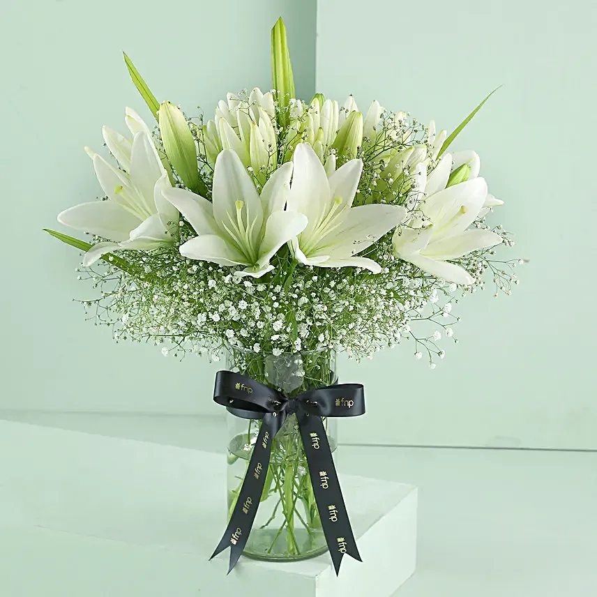 Buy/Send Blooming Asiatic Lilies In Black Ribbon Tied Vase Online- FNP