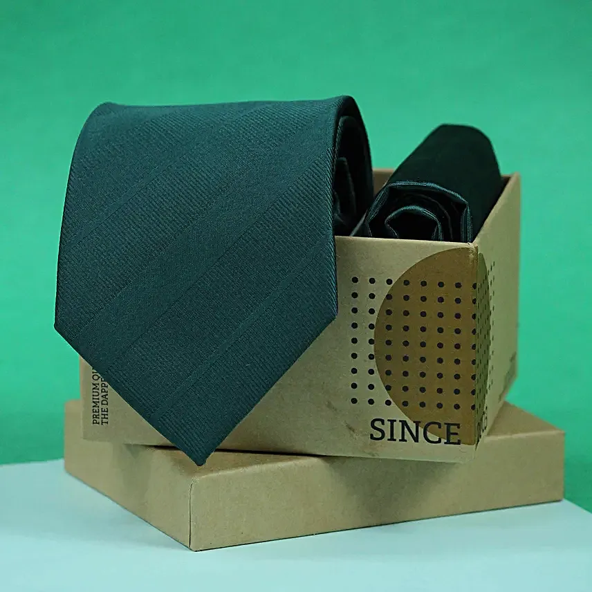 Dark Green Striped Necktie & Pocket Square Gift Set