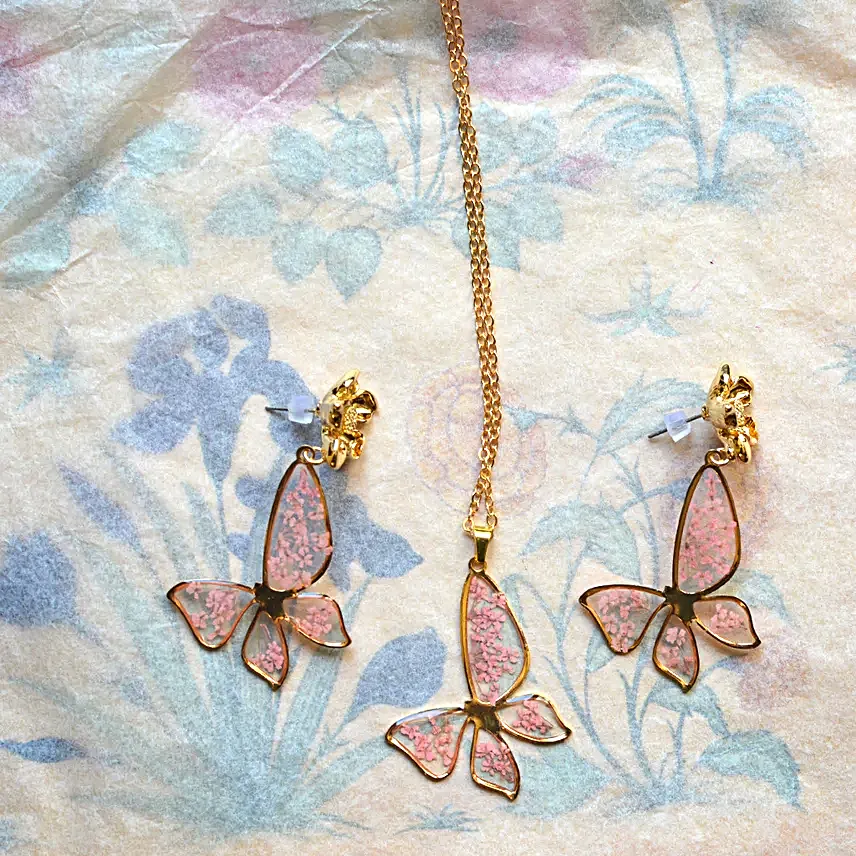 Coral Butterfly Necklace Earring Set