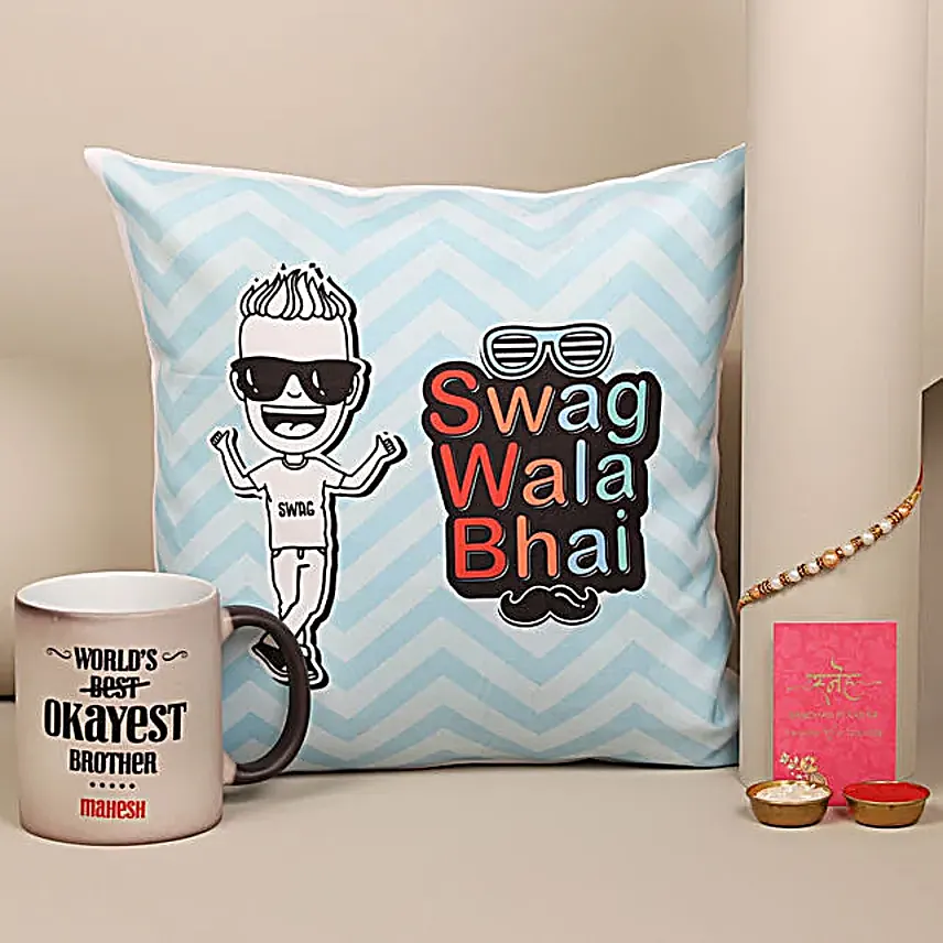 Sneh Pearl Rakhi and Cushion N Personalised Magic Mug