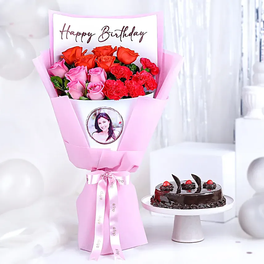 Personalised Birthday Photo Bouquet & Truffle Cake