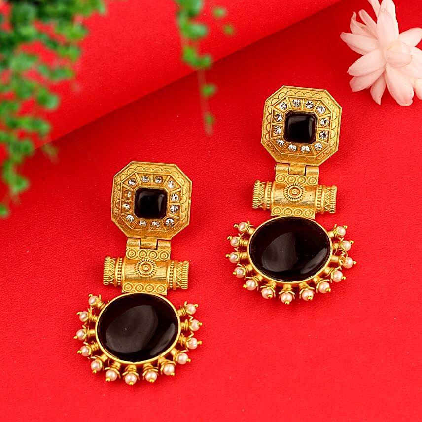 Gold-Plated Stone Earrings- Black