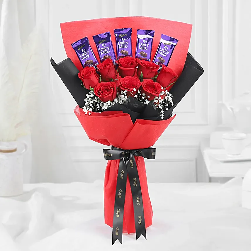 Beautiful Roses Bouquet With Dairy Milk Chocolates