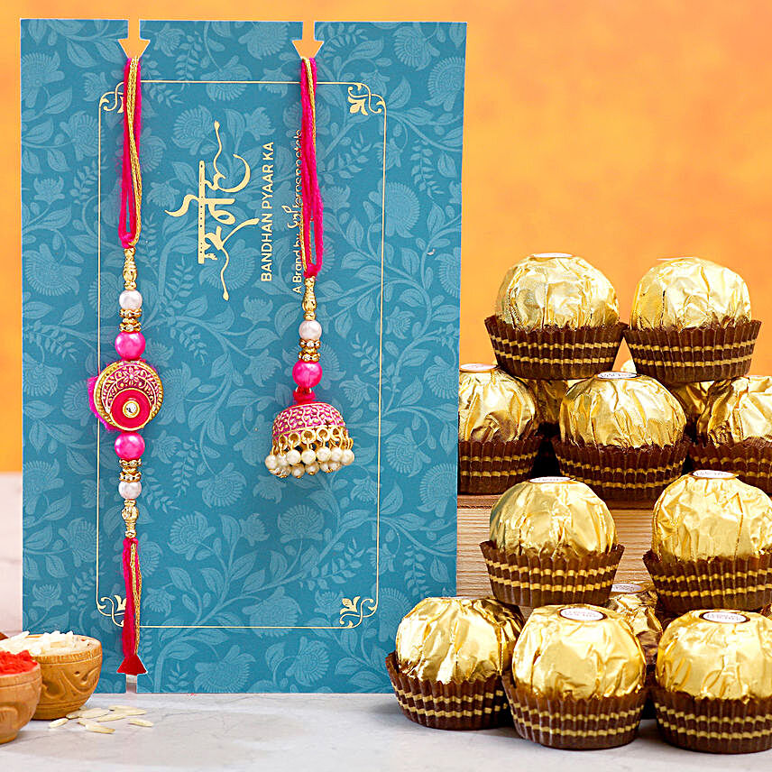 Meenakari Pearl And Lumba Rakhi Set With 16 Ferrero Rocher