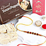 Celestial Charms Rudraksha Rakhi & Almond Soan Papdi Gift Set