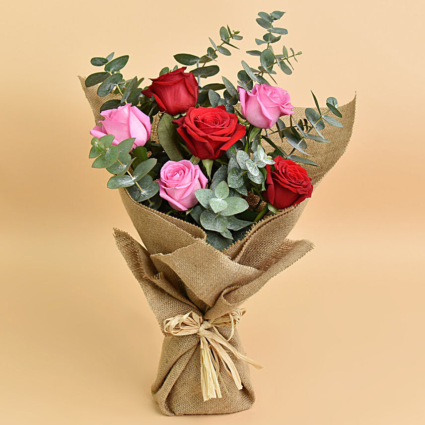 3 Pink 3 Red Roses Valentines Bouquet