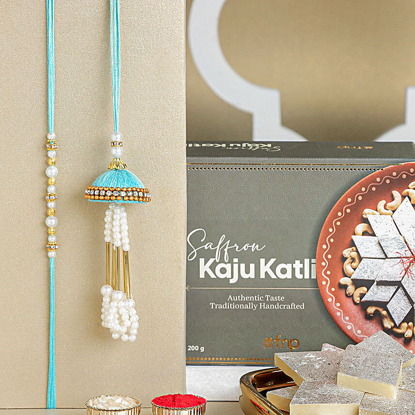 Tranquil Teal Jhumar Bhaiya-Bhabhi Pearl Rakhi Set & Kaju Katli Delight