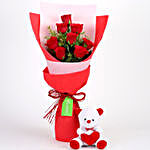 8 Red Roses Bouquet & Teddy Bear Combo