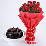 Eggless Truffle Cake and Red Roses Bouquet