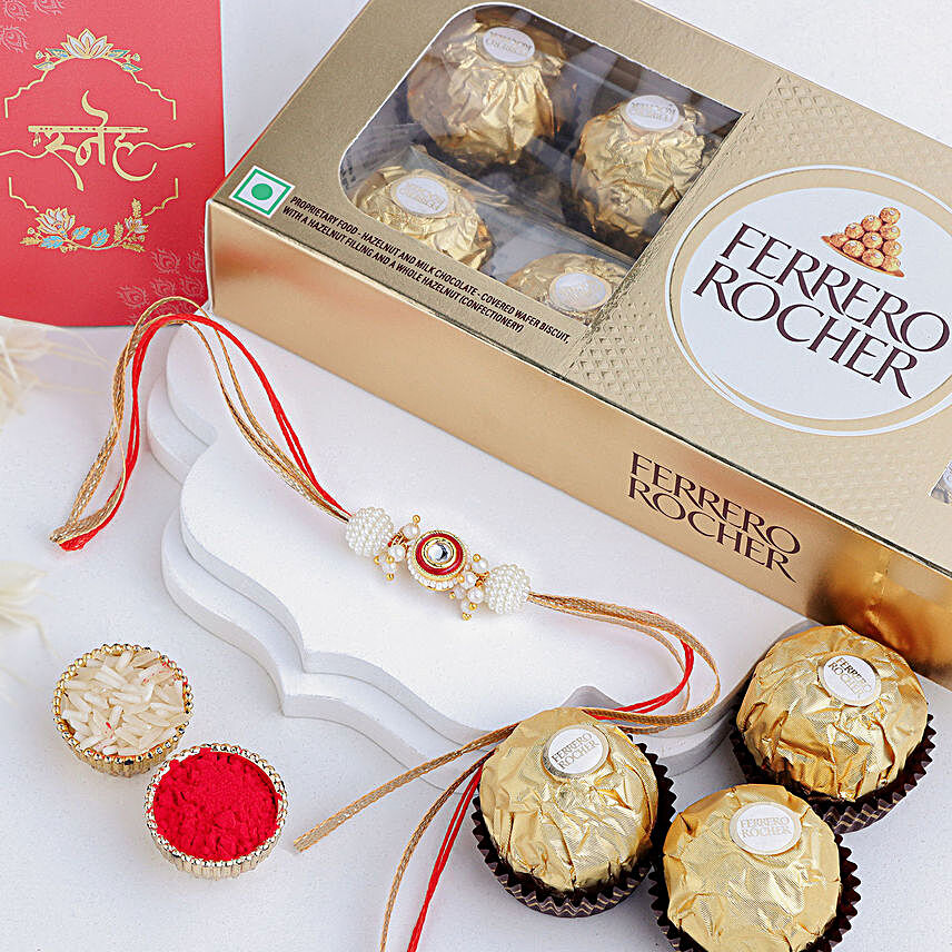 Crimson Majestic Pearl Rakhi & Ferrero Delight