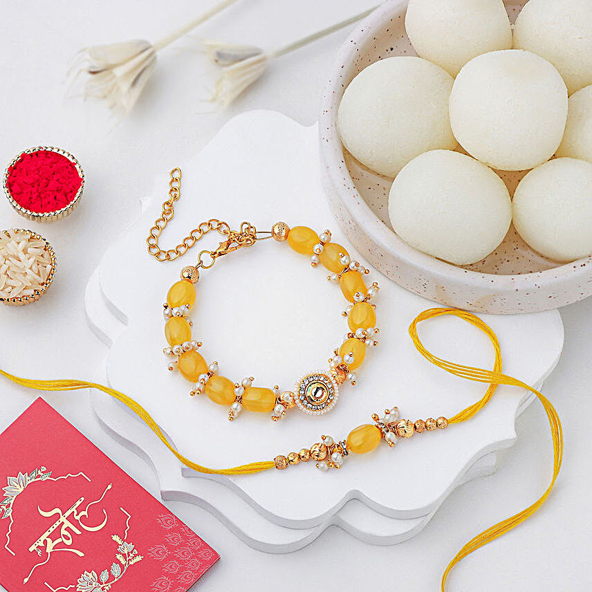 Sunkissed Stone Work Lumba Pearl Rakhi Combo & Rasgulla Treat