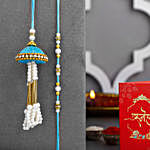 Teal Jhumar Lumba Pearl Rakhi Set & Besan Laddoo Surprise