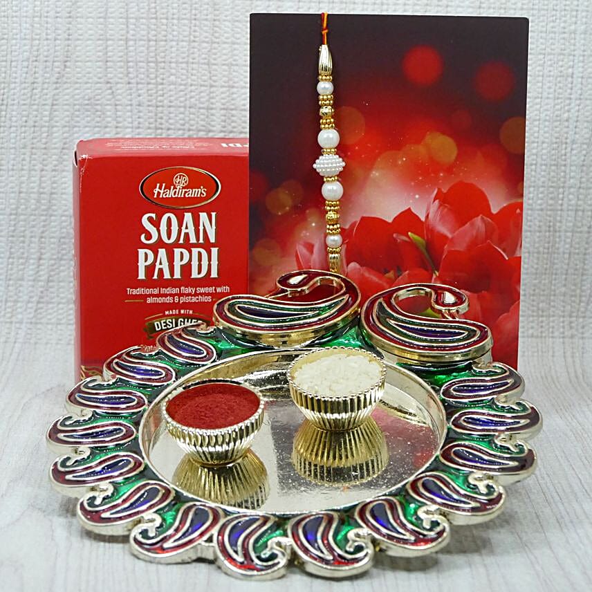 Pooja Thali Combo Of Rakhi And Soan Papdi